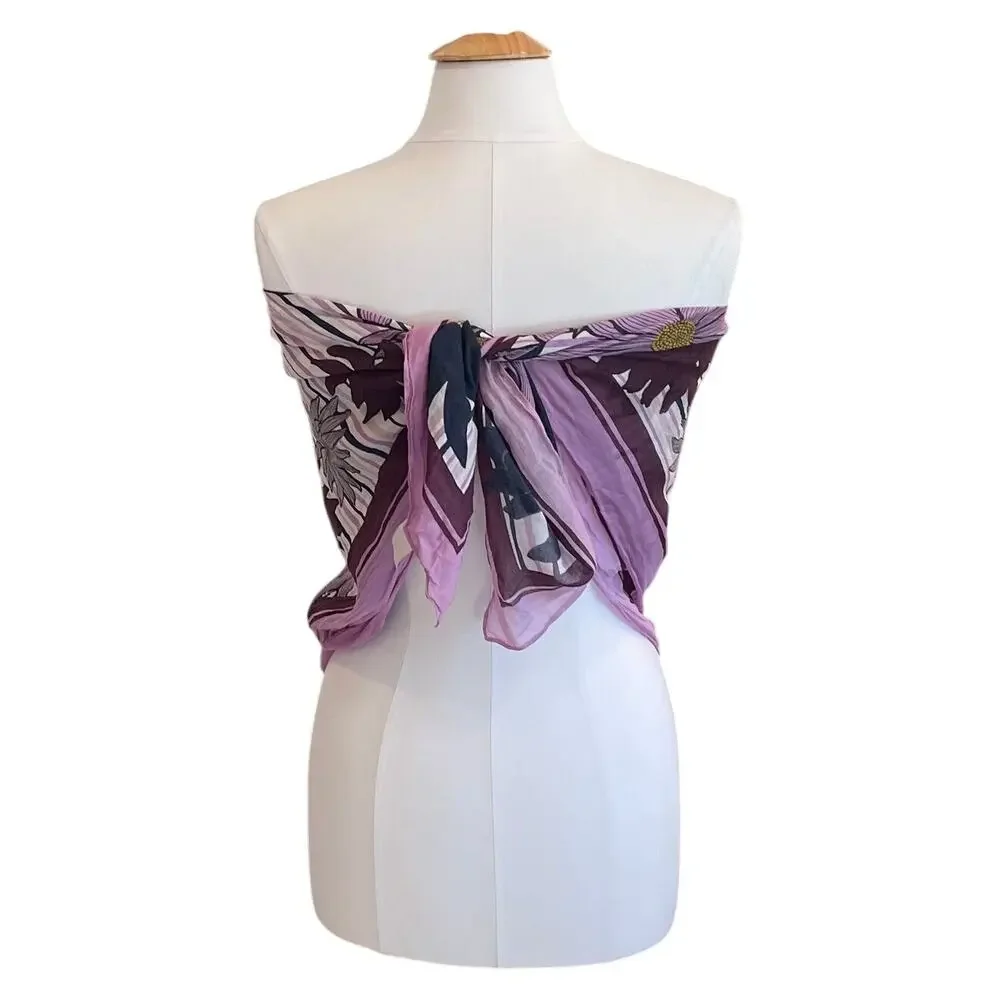 Cotton Silk Blend Purple Floral Stripe Square Scarf